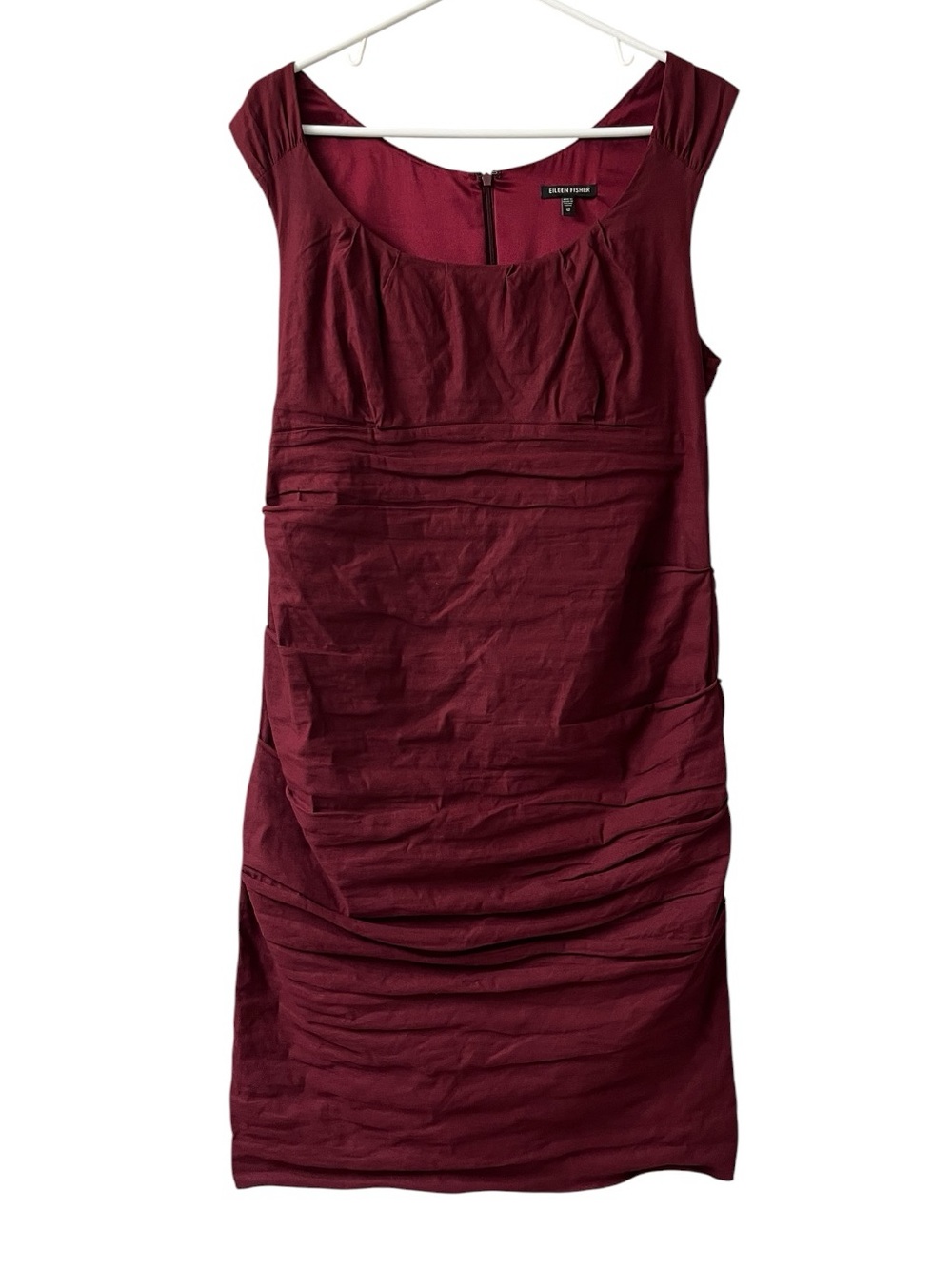 Eileen Fisher Ruched Sheath Dress Burgundy Cotton Blend Italian Fabric Size 12